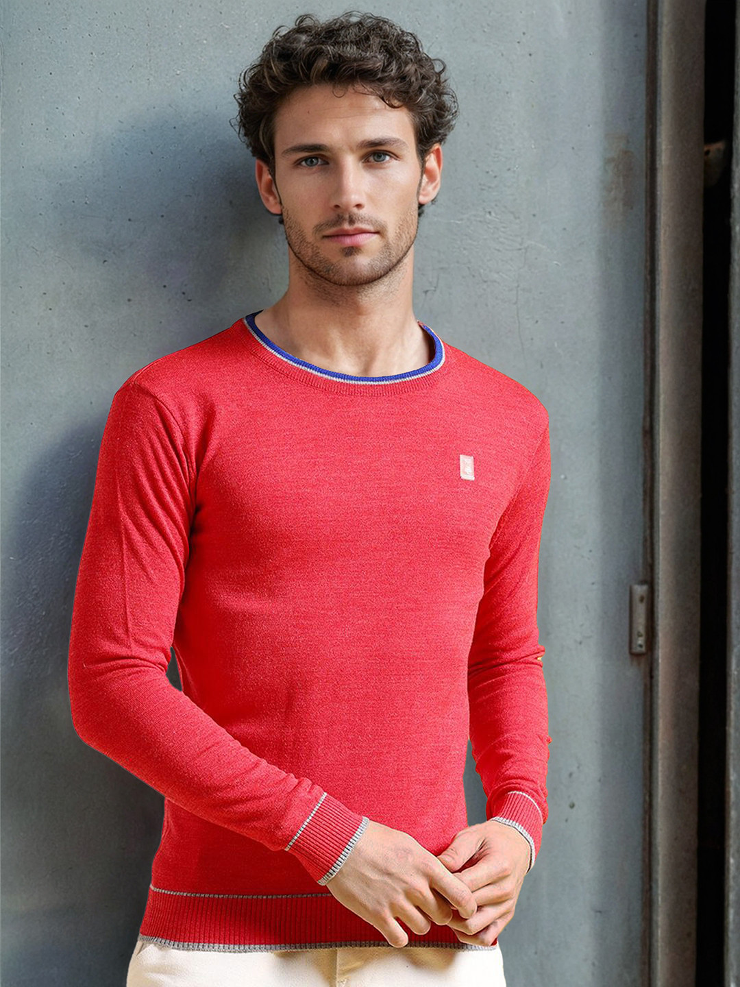 The Indian Garage Co Red Round Neck Acrylic Pullover