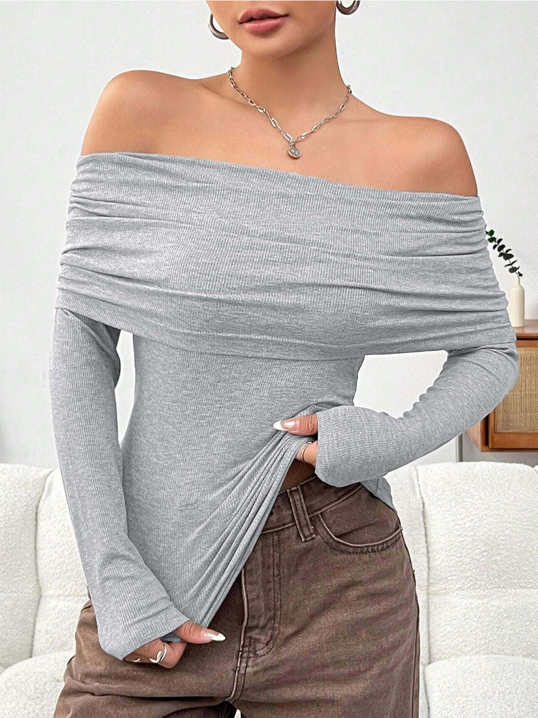 Outzidr Women Net Solid Off-Shoulder Top