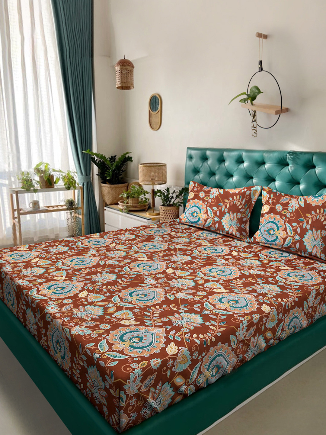 Aura Rust & Blue Printed 300 TC Fitted King Bedsheet Set 2.5 m x 2.25 m