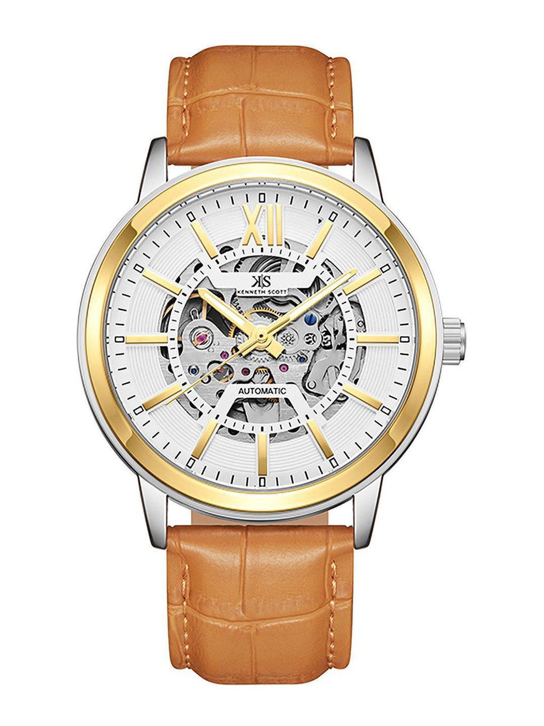 KENNETH SCOTT Men Skeleton Dial & Leather Textured Straps Analogue Automatic Watch K24323-TLFW