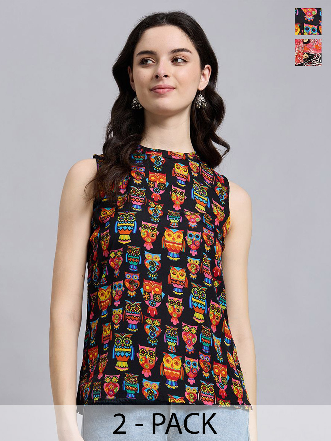 THE FAB FACTORY Women Pack of 2 Graphic Printed Round Neck Top