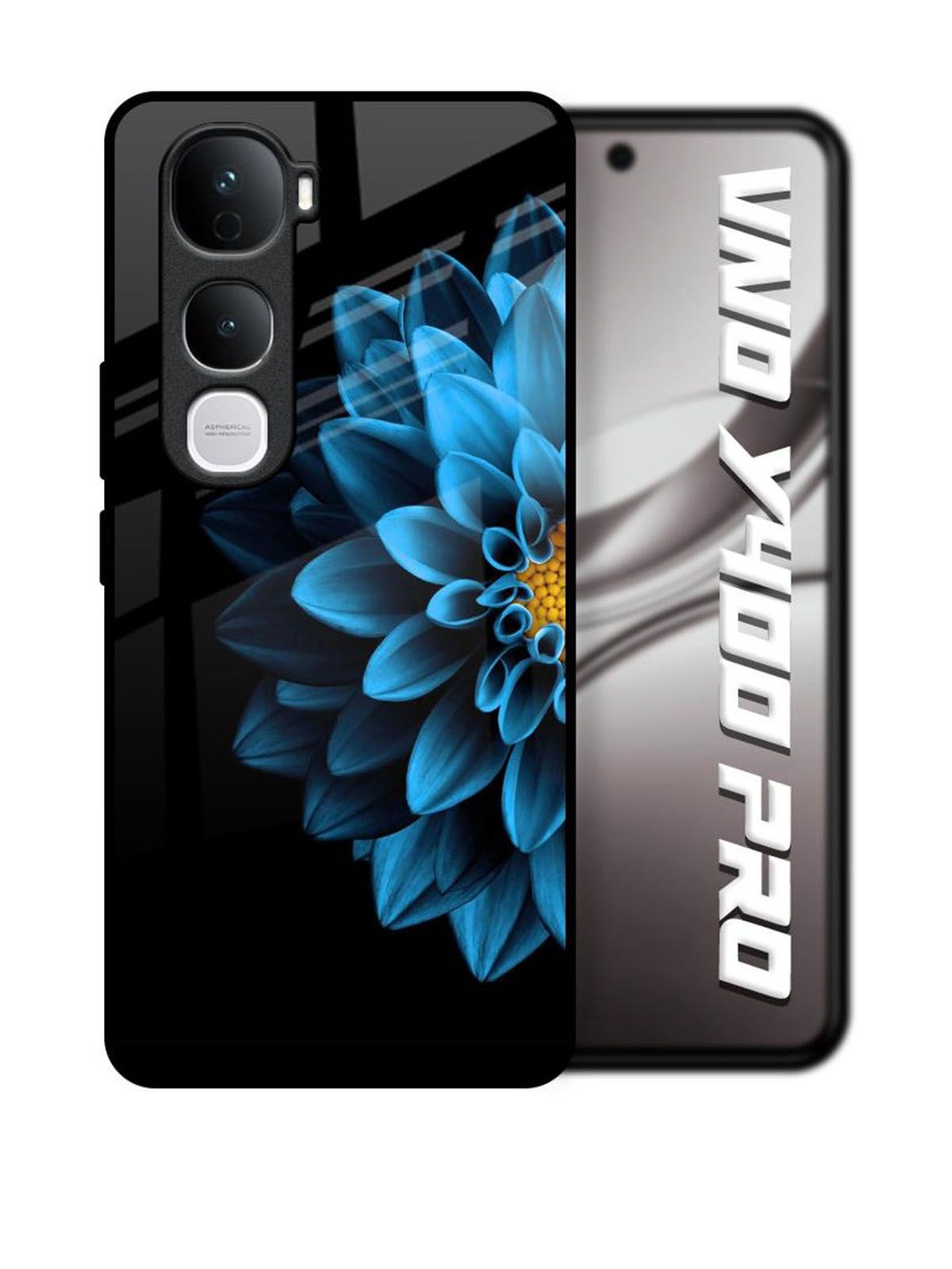 QRIOH Half Blue Flower Printed Vivo Y400 Pro 5G Real Glass Back Case Mobile Accessories