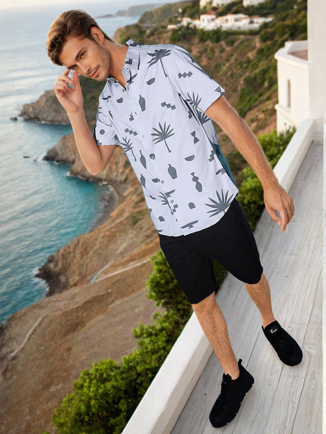 The Indian Garage Co Grey Slim Fit Conversational Printed Cotton Casual Shirt