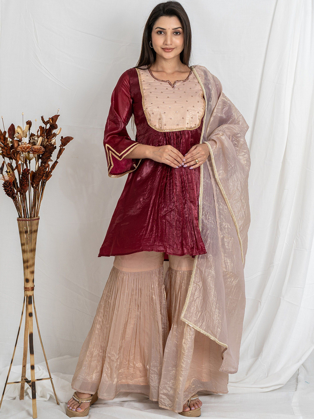 Noia Women Colourblocked Dyed Kurti with Sharara & Dupatta