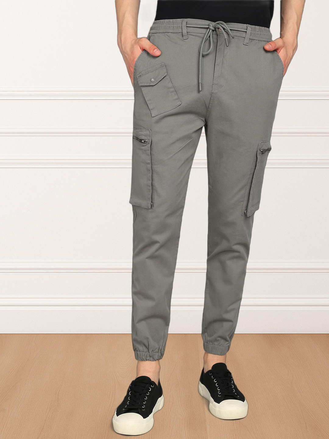 Grey Mid-Rise Tapered Fit Jogger Cargos