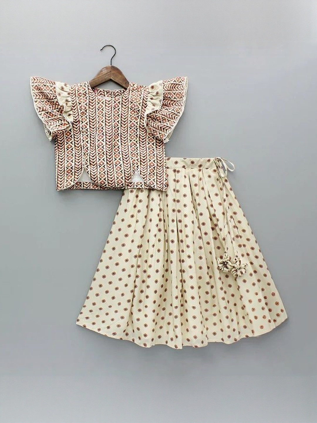 Leons Fab Girls Beige & Brown Polka Dots Printed Lehenga Choli