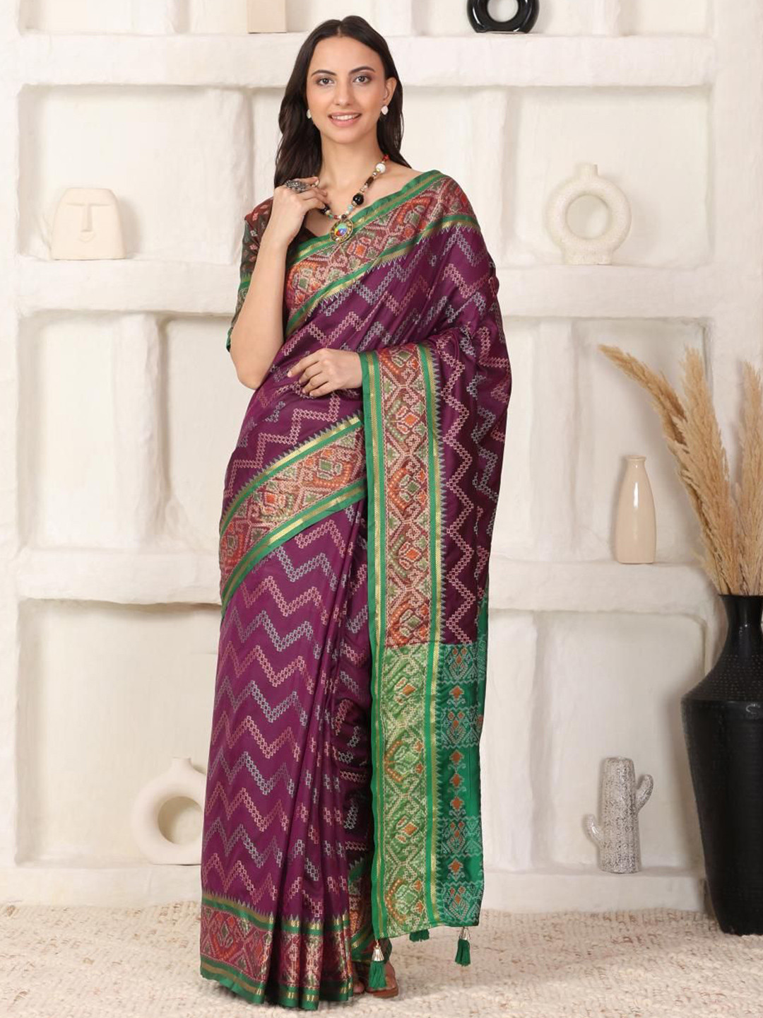 JAY FASHION Woven Design Zari Work Patola Saree With Blouse