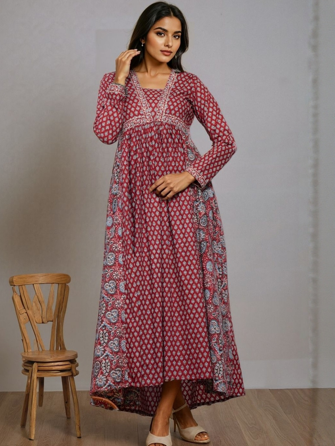 SZN Women Maroon Floral Printed Cotton Stitched Anarkali Kurta