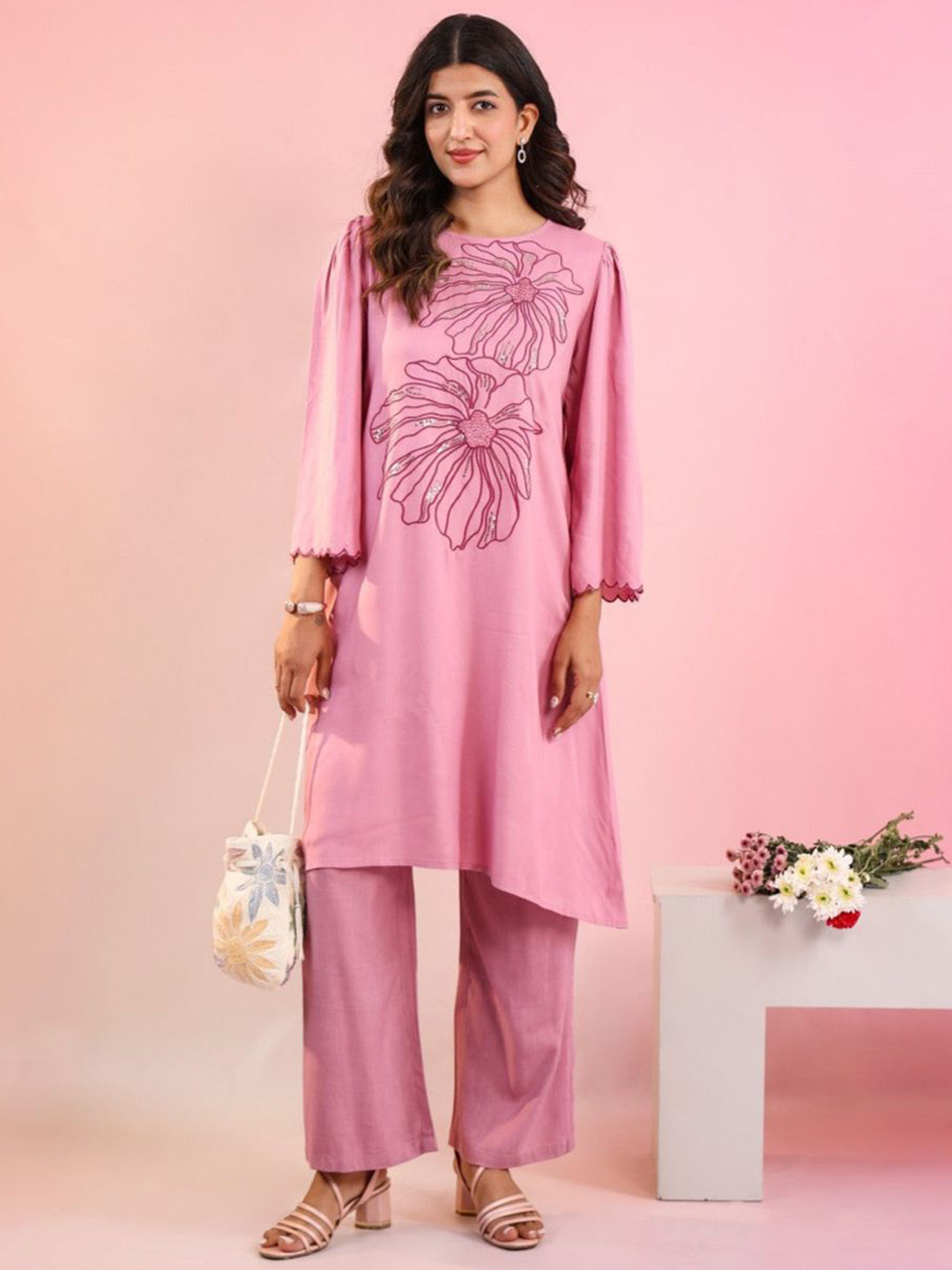 AUTUMN LANE Raftar Flamingo Floral Embroidered Sequinned Pure Cotton Kurta With Trousers