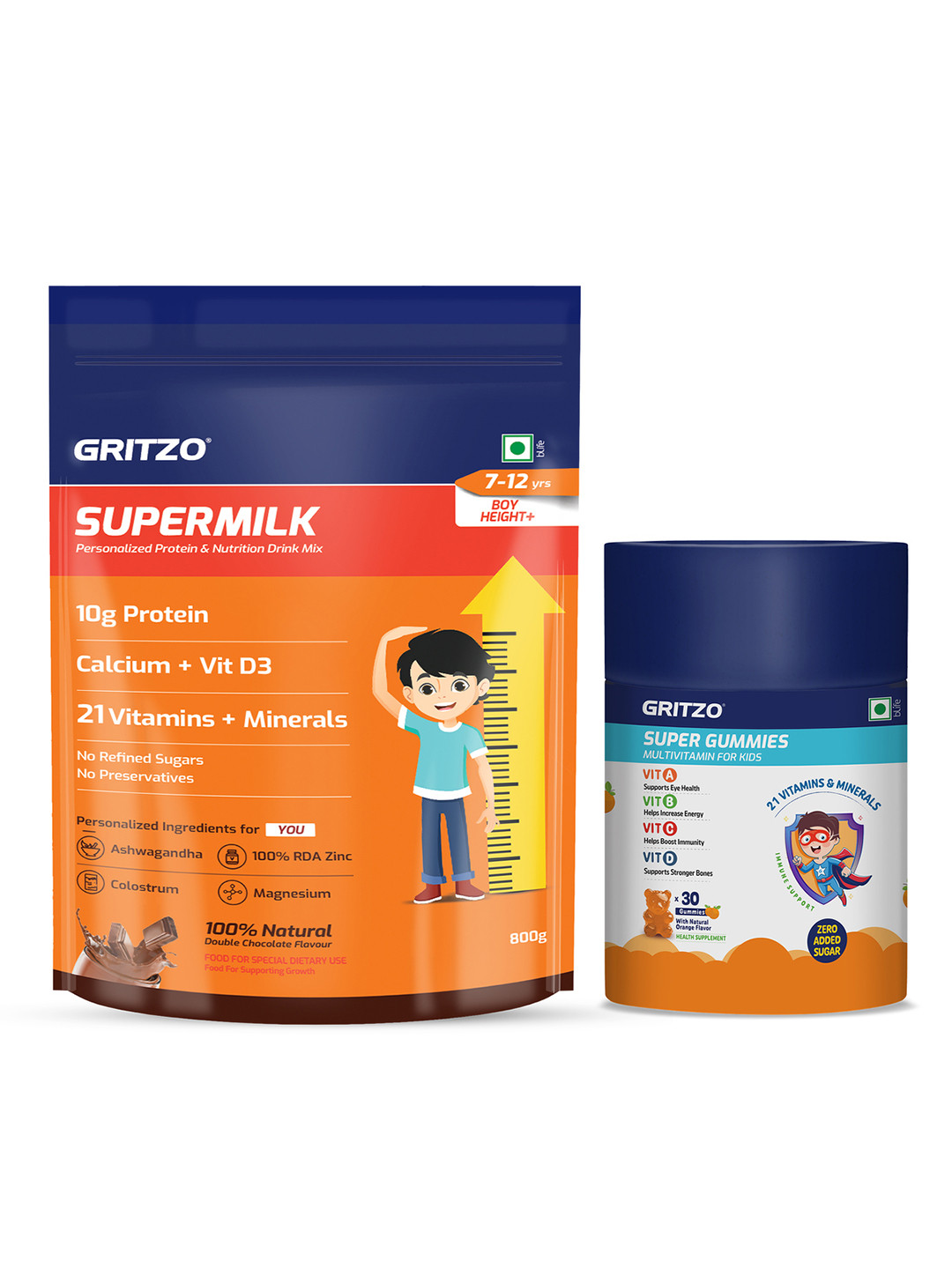 Gritzo Set Of 2 Supermilk Height+ - 1 Kg - Chocolate & Super Gummies - 30 Nos - Orange
