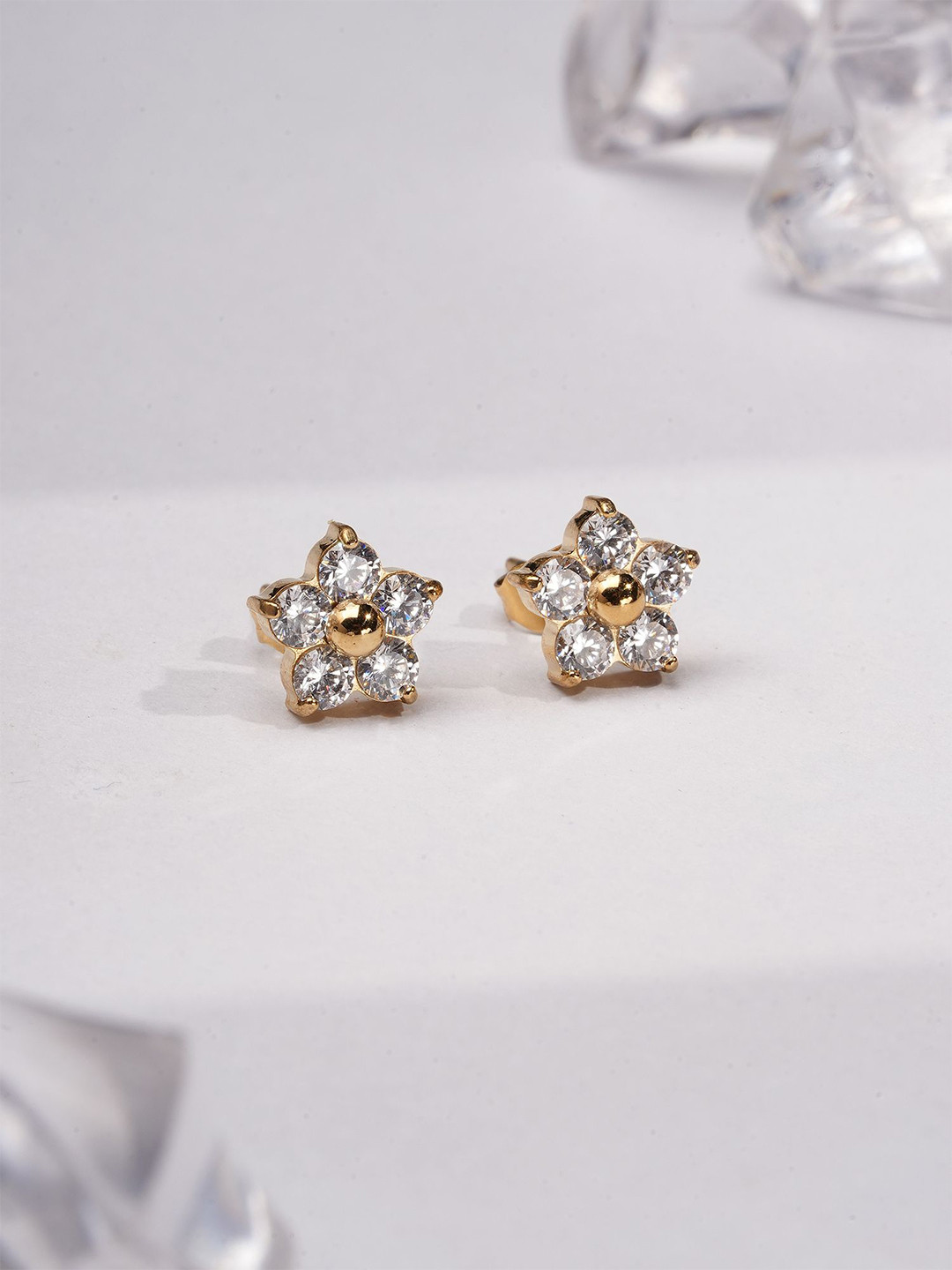 PALMONAS Stainless Steel Gold-Plated Star Shaped Cubic Zirconia Waterproof  Studs Earrings