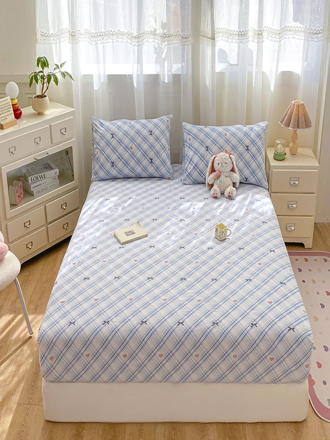 JC HOME Blue Checked140 TC Cotton King Size Bedsheet Set - 1.80x 2.00cm