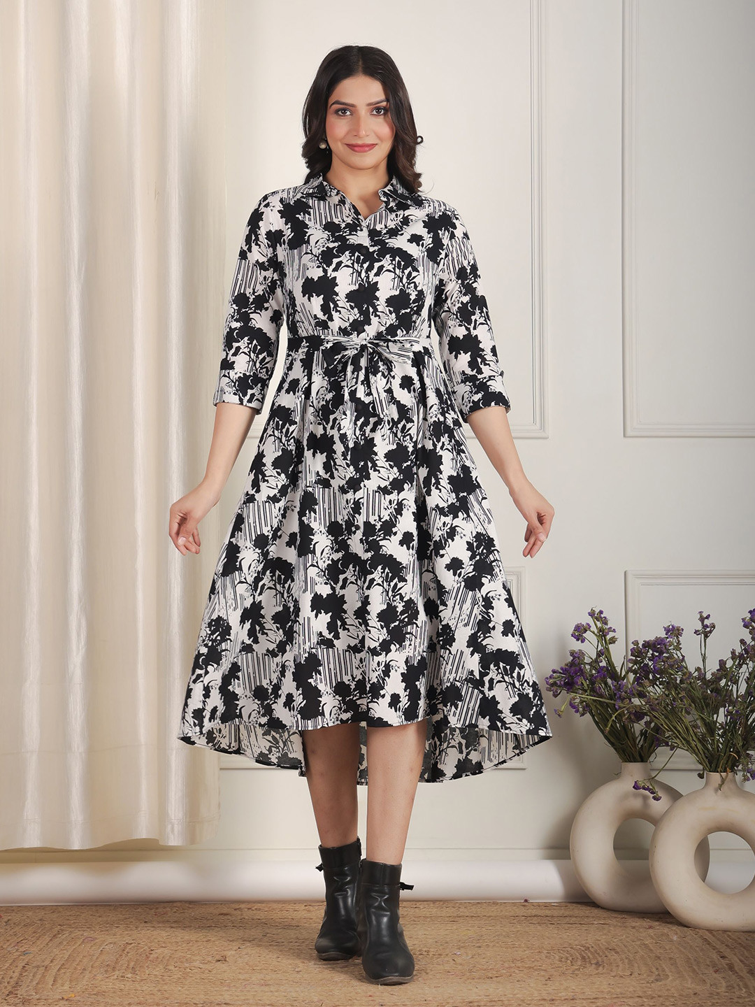 Aramya Absract Printed Shirt Collar Regular Sleeves Cotton A-Line Kurta