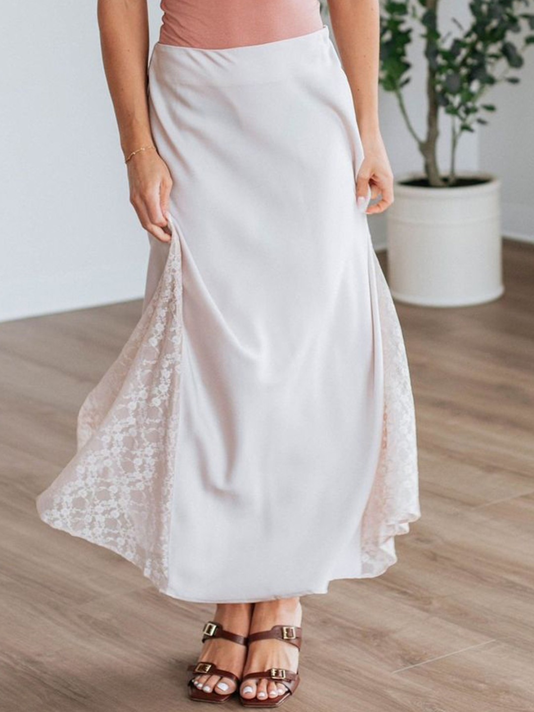 LULU & SKY Lace Splicing A-line Satin Skirt