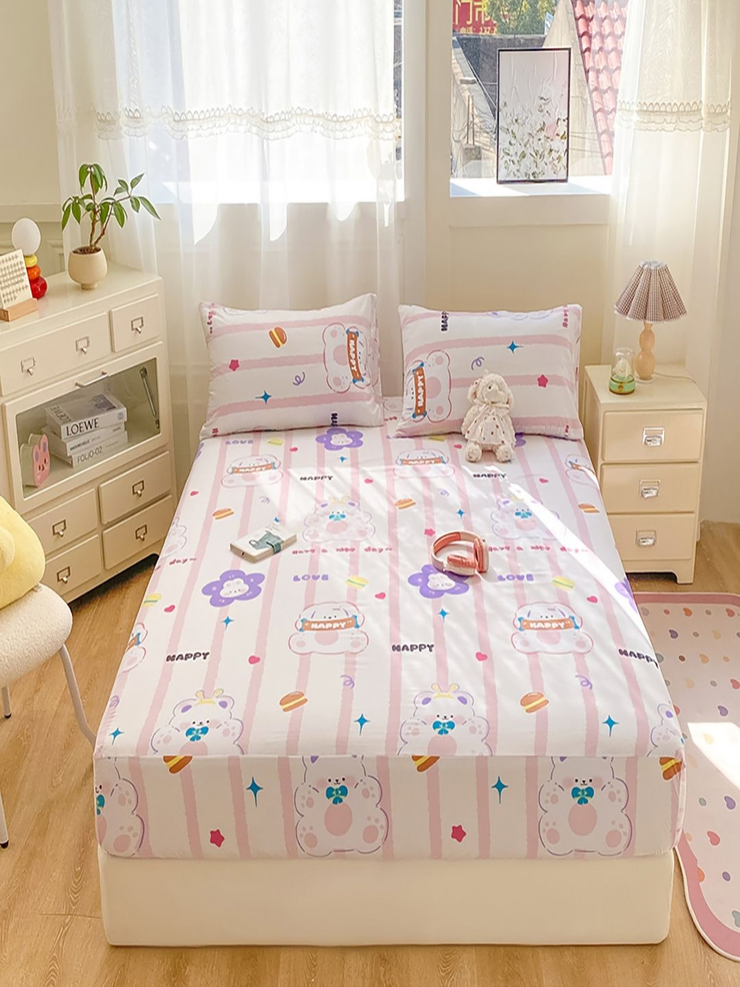 JC HOME White & Pink Striped 140 TC Fitted King Size Bedsheet Set 1.80 m x 2.0 m