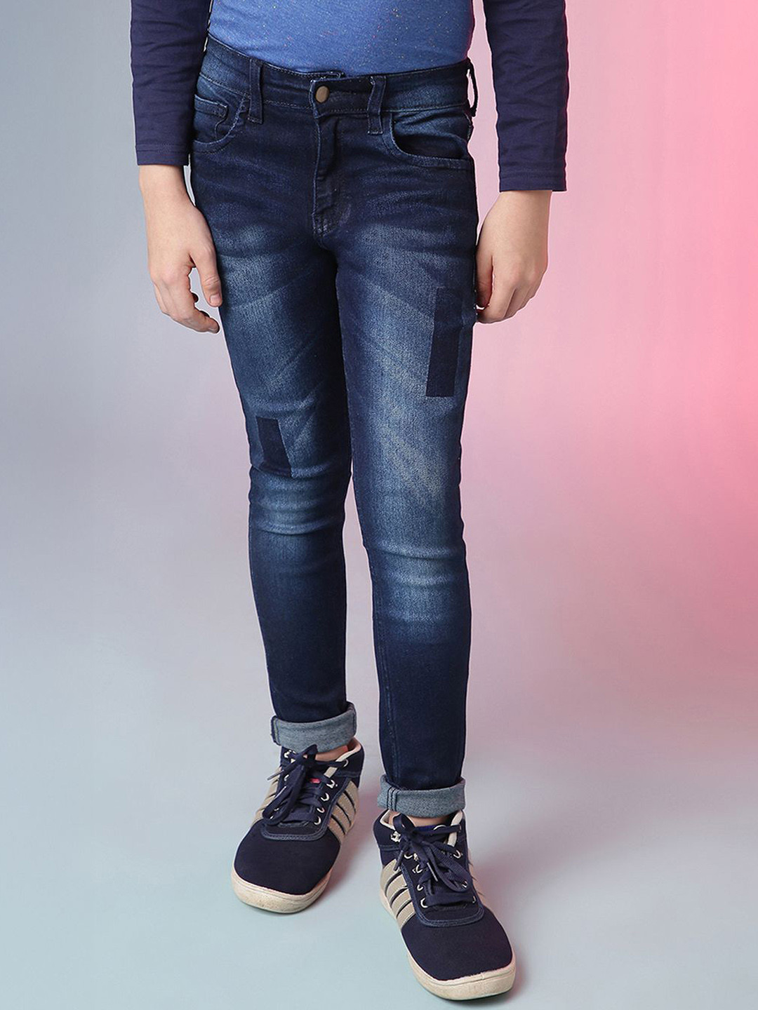 Instafab Boy's Navy Blue Dark-Wash Tinted-Block Denim Jeans