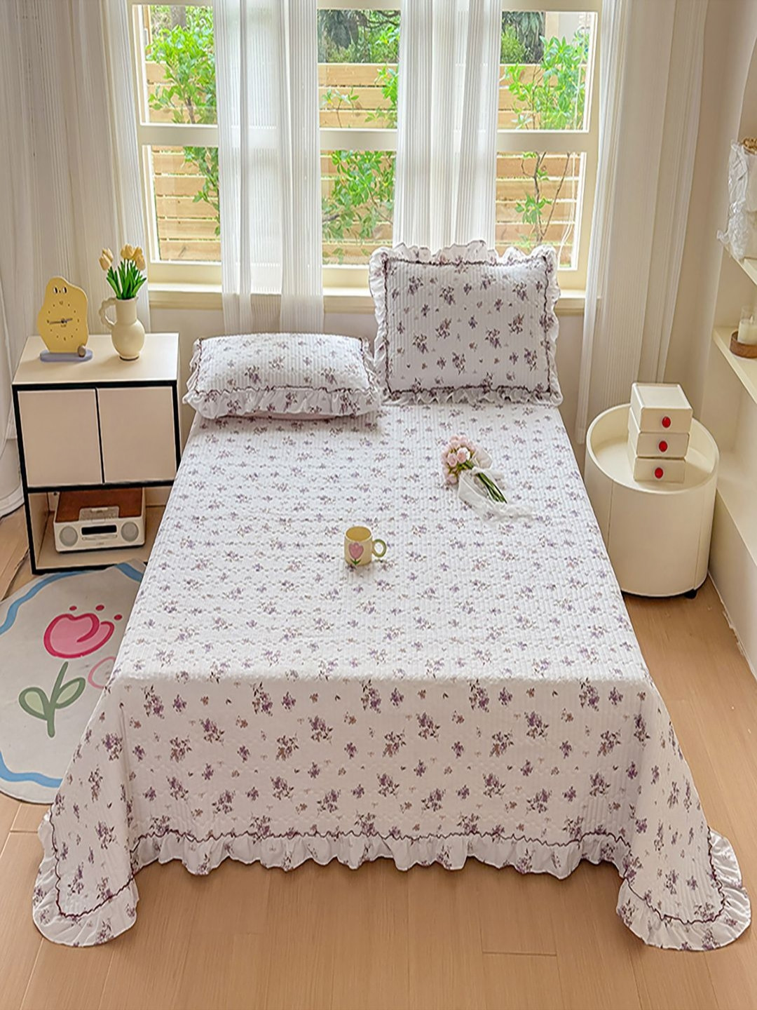 JC HOME Set of 3 Foral Printed Double Superking 162 GSM Bed & Pillow Covers