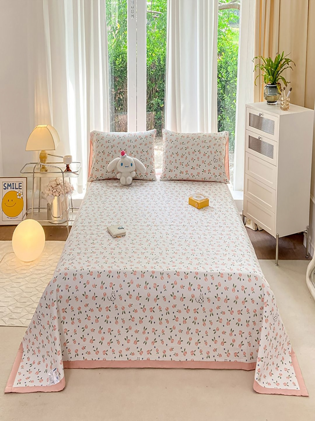 JC HOME White & Green Floral Double Queen Bed Covers - 2 x 2.30 m