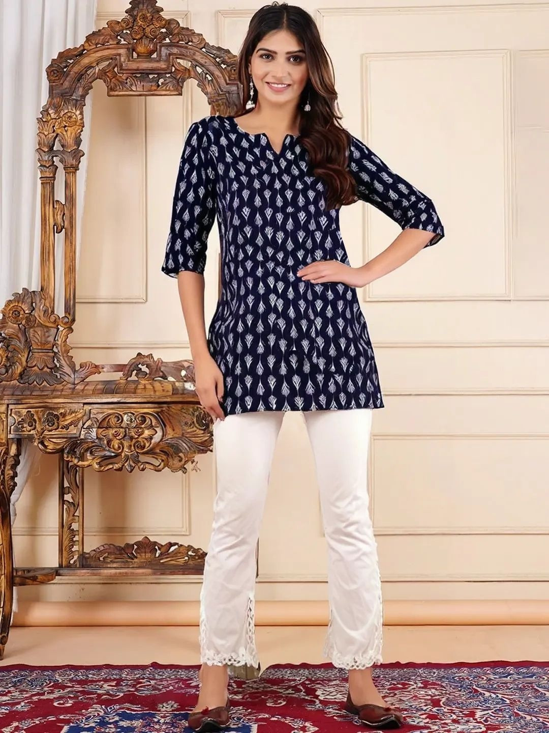 SZN Women Pack of 2 Blue & Pink Printed V-Neck Cotton Short Kurtis
