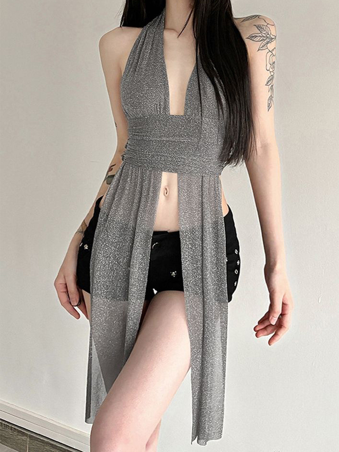 LULU & SKY Women Sparkle Sheer Halter Neck Longline Top