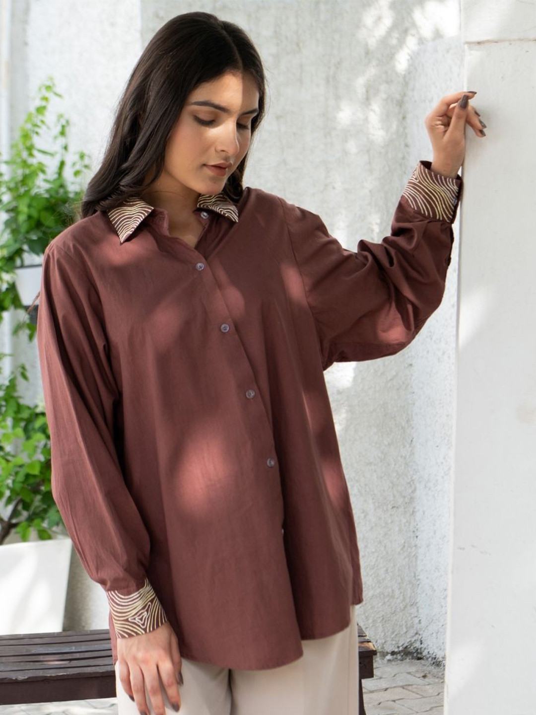 OCTOBER Mocha Wave Handpainted Oversized Cotton Shirt