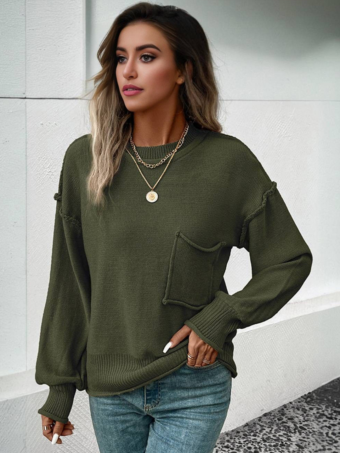 Mast & Harbour Women Ribbed Oversized Pullover Sweater with Patch Pocket