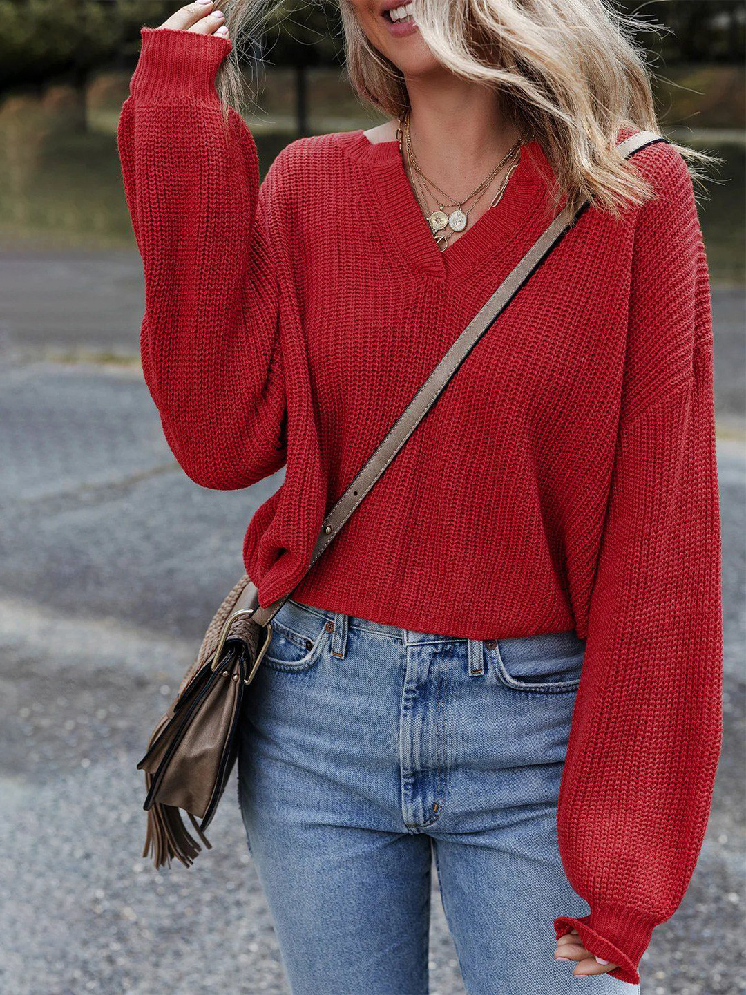 Errabelly Women Racing Red Solid Textured Knit V Neck Drop Shoulder Sweater