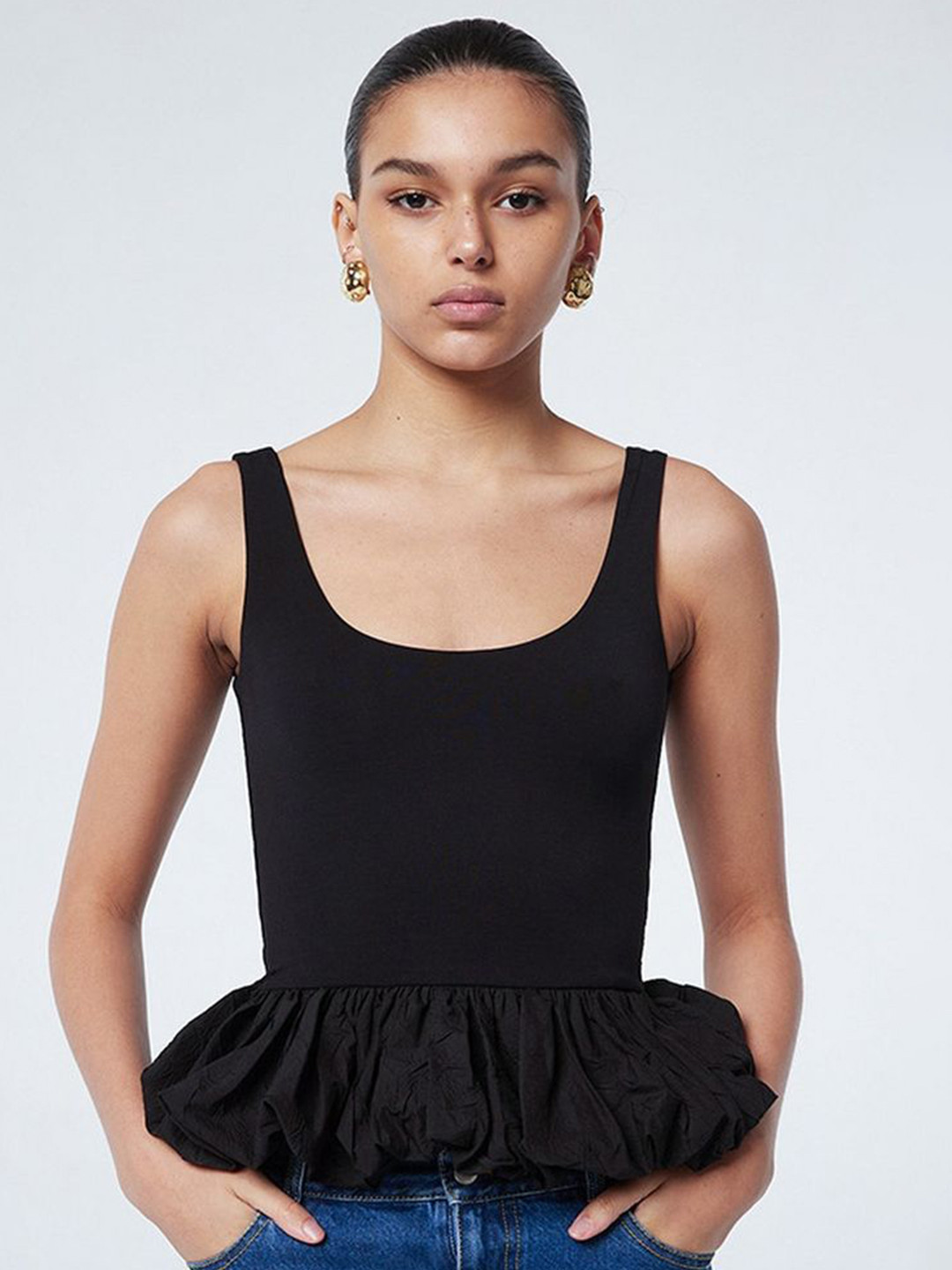 LULU & SKY Women Scoop Neck Sleeveless Bubble-hem Peplum Crop Top