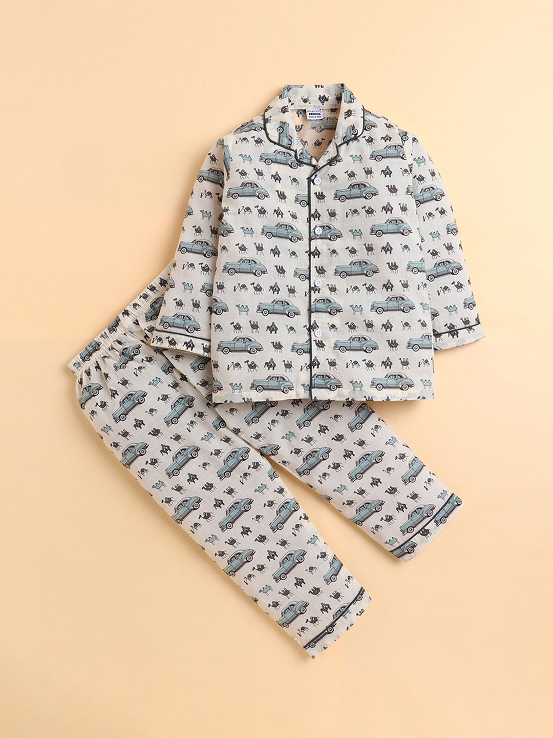 Polka Tots Kids Cotton Woven Full Sleeves Vehicle and Animal Theme Print Night suit