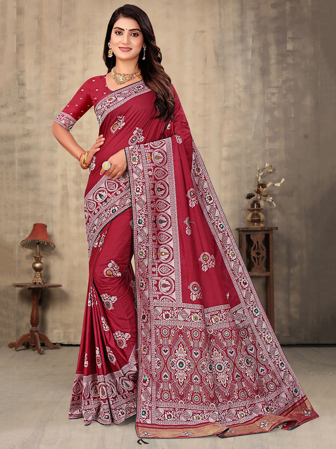 ENDECOR Ethnic Motifs Embroidered Saree