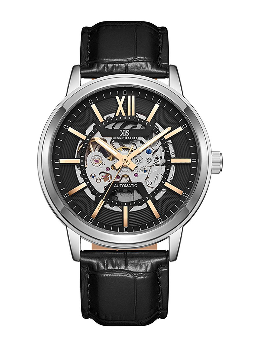 KENNETH SCOTT Men Skeleton Dial & Leather Textured Straps Analogue Automatic Watch K24323-SLBBK