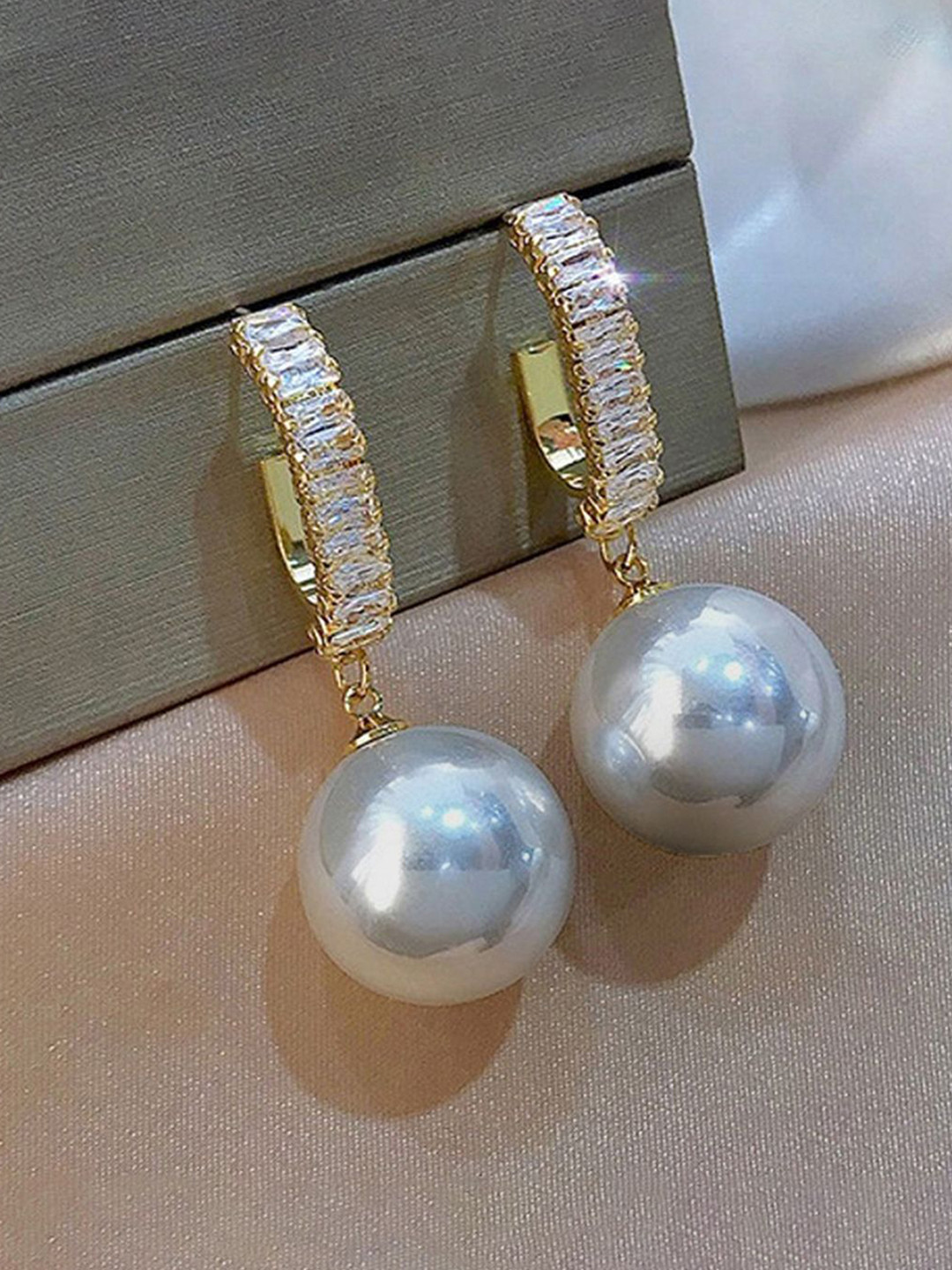 GOLDIWALA Korean Gold-Plated Cubic Zirconia Studded & Artificial Beaded Hoop Earrings