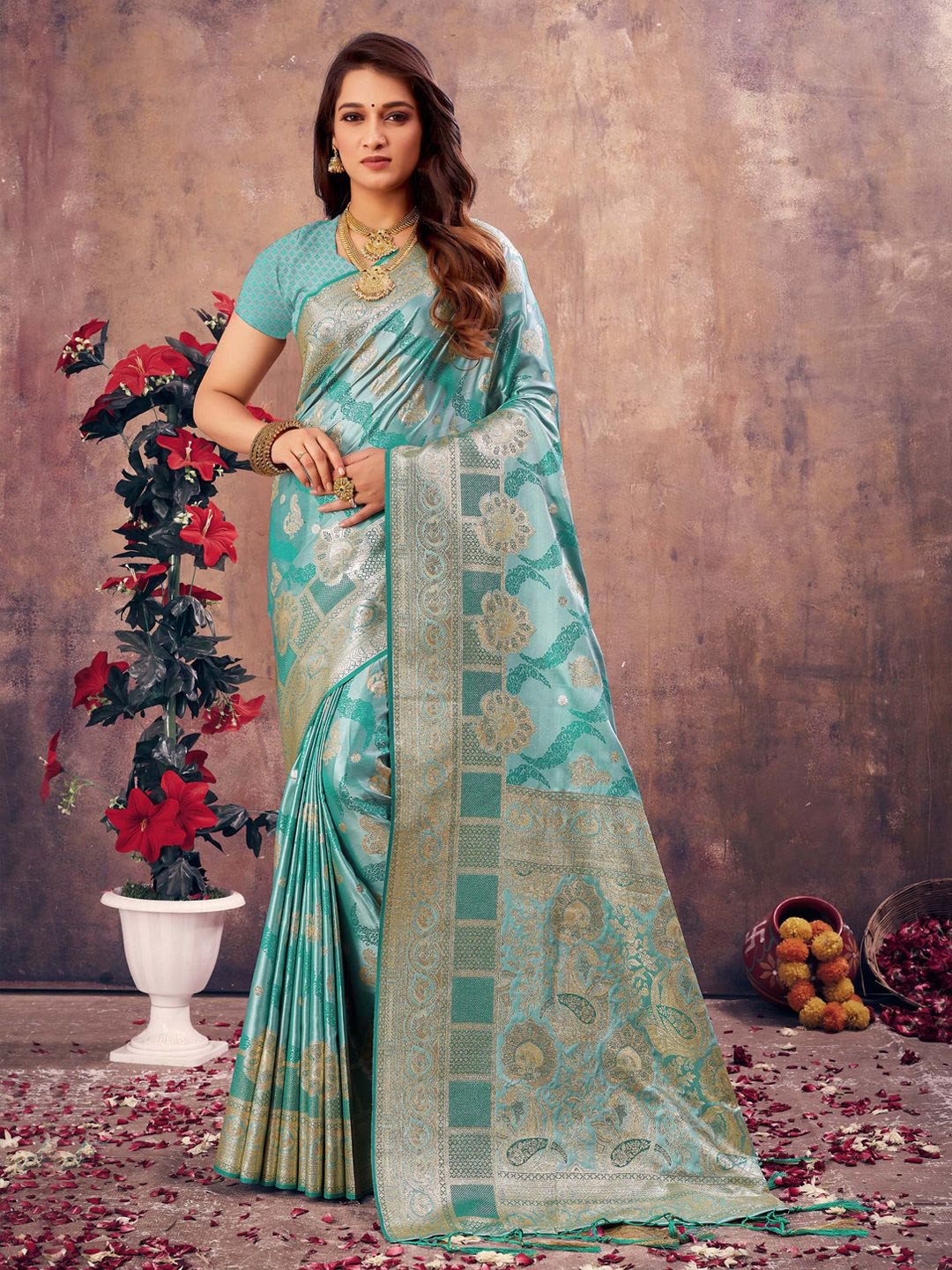 DEVATITHI Sky Blue Ethnic Motifs Woven Design South Silk Saree