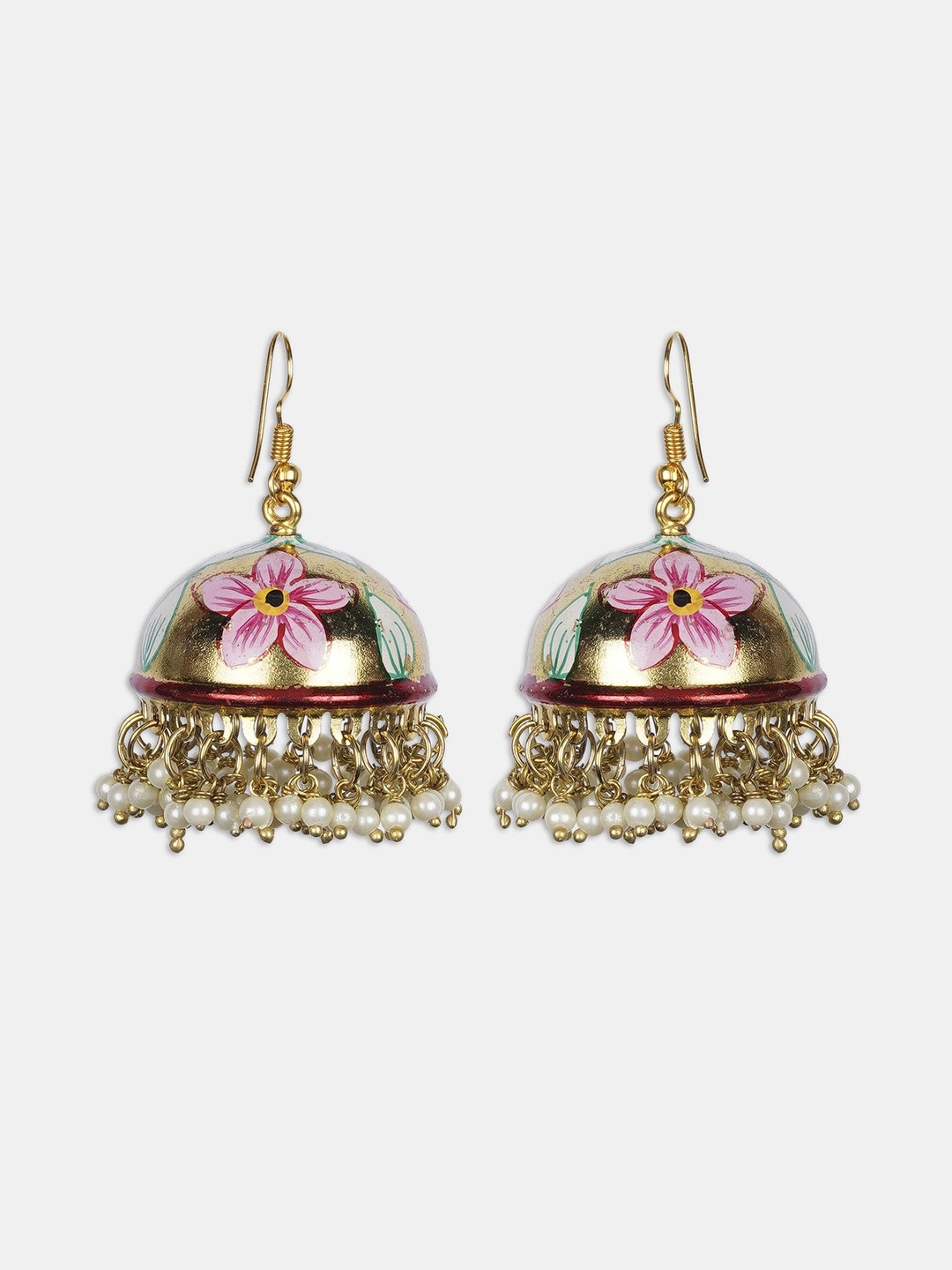 Shining Glory Women Pink & Gold-Plated Meenakari Dome Shaped Copper Jhumka Earrings