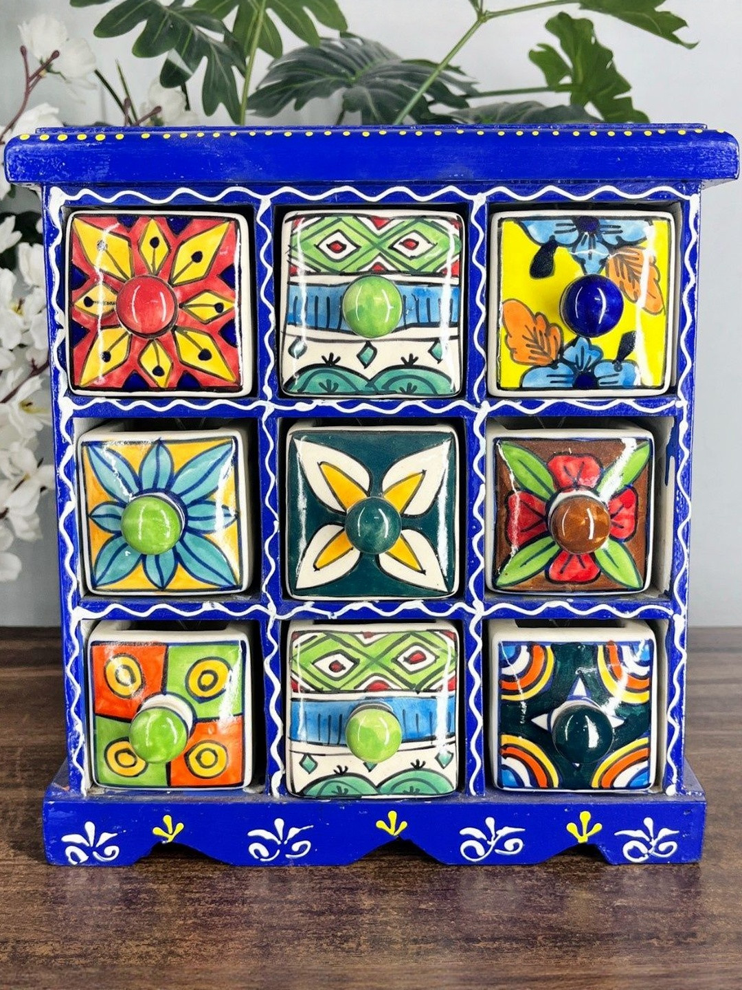 Handmade Ethnic Decorative 9 Ceramic Compartment Wooden Drawers Box