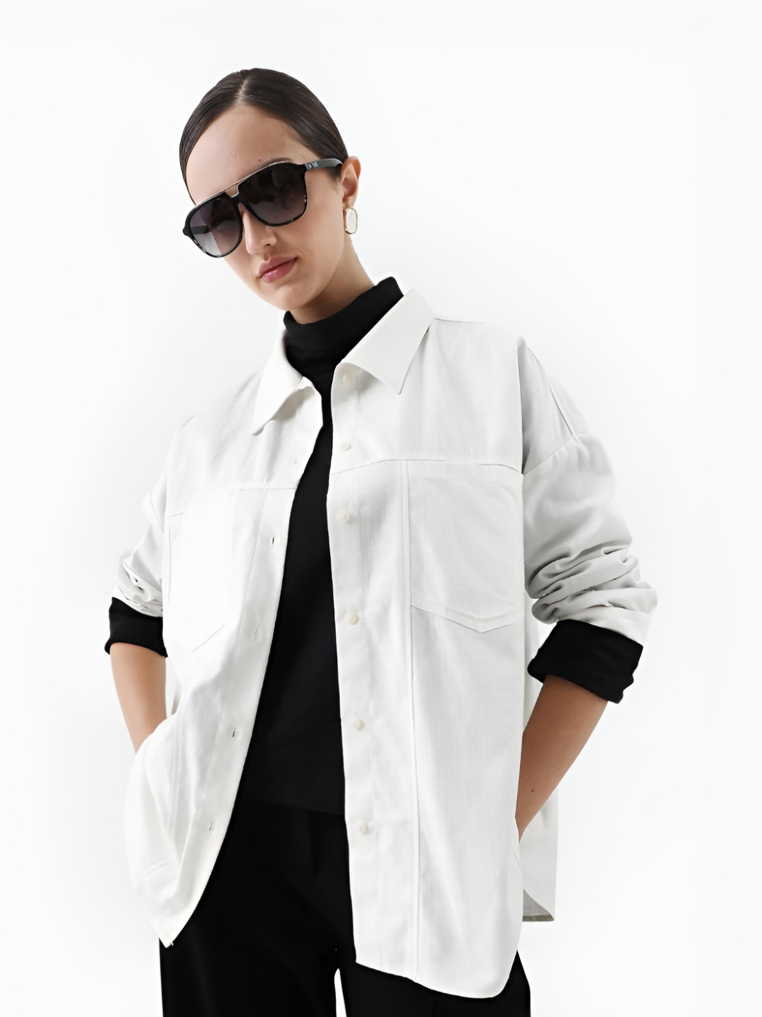 RAREISM Women Epili White Cotton Fabric Button Closure Cotton Fabric Boxy Regular Shacket