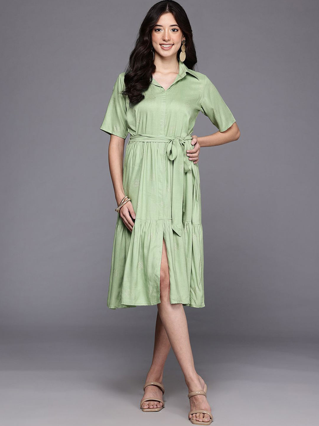 Rosah By Ahalyaa Ethnic Motifs Printed Shirt Collar A-Line Dress