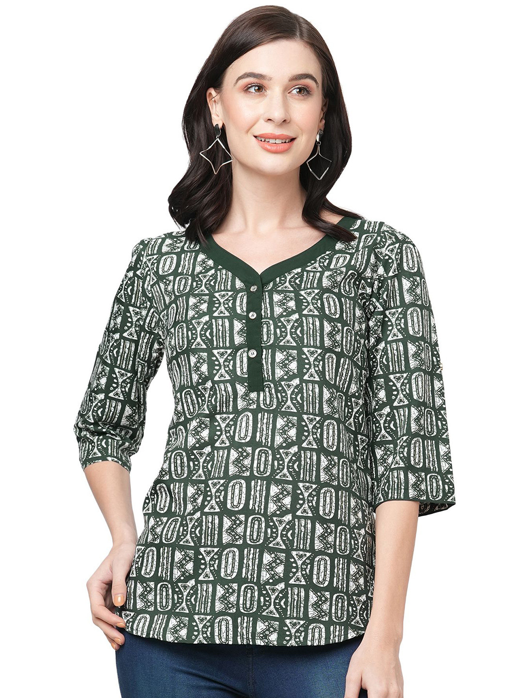 G0-4 IT Women Geometric Printed V-Neck Georgette Top
