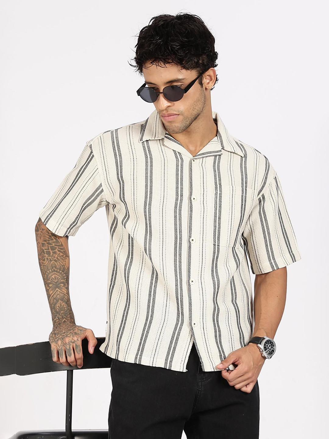 COLOR HUNT Comfort Vertical Striped Spread Collar Cotton Casual Shirt