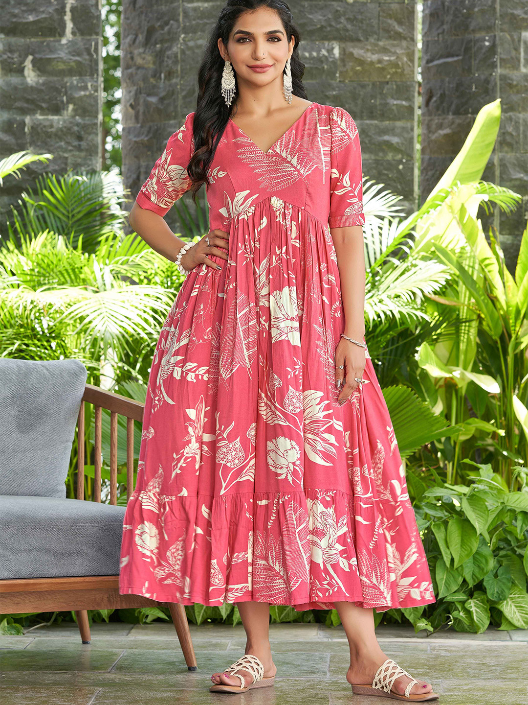 Ethnic Print Fit & Flare Maxi Dress with Short Balloon Sleeves