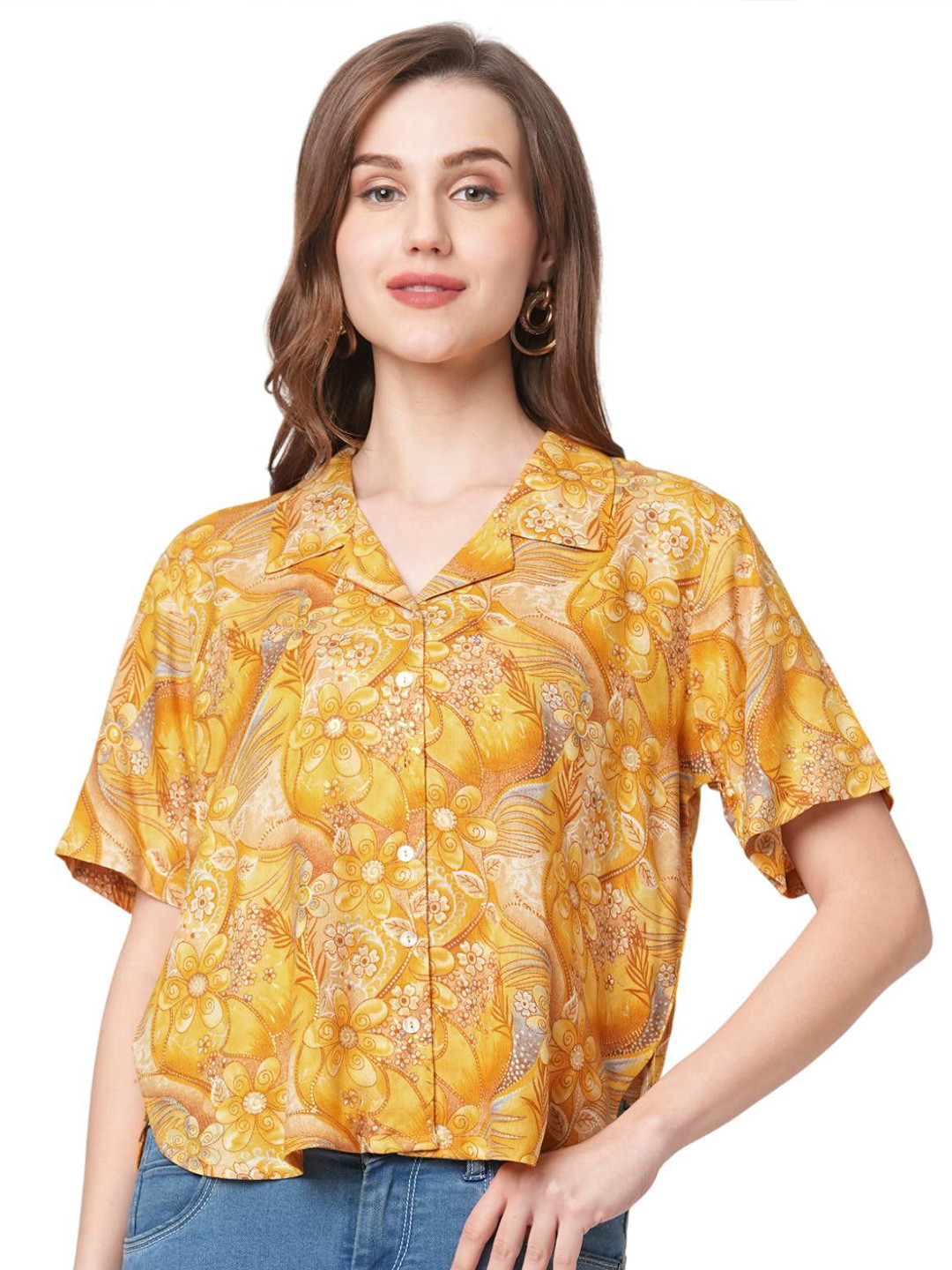 G0-4 IT Women Floral Printed Lapel Collar Crop Top