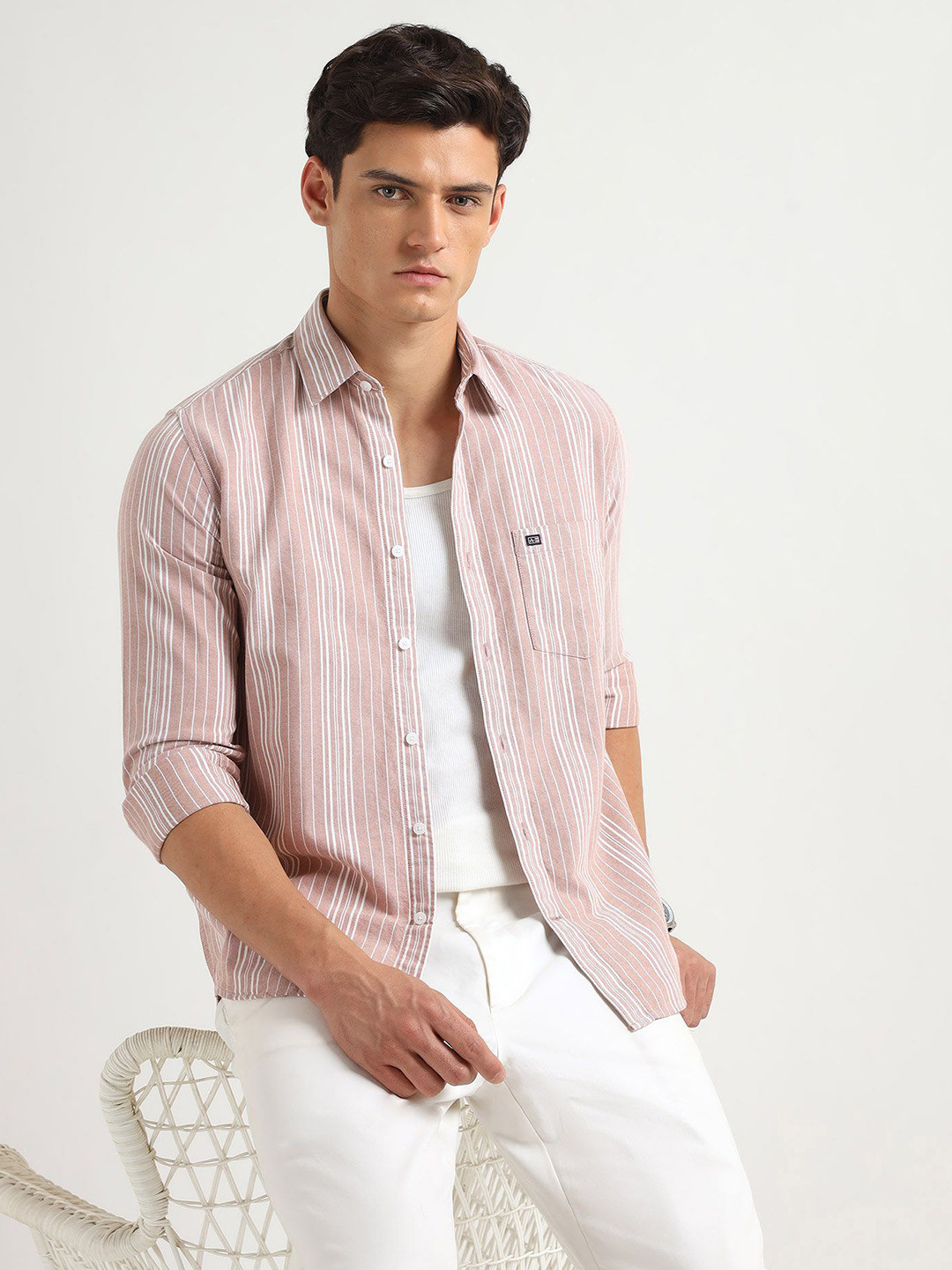 Arrow Sport Vertical Striped Spread Collar Long Sleeves Shirt