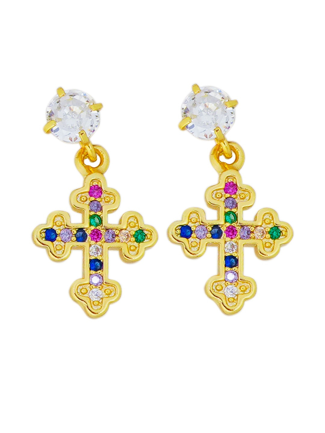 INTERSTELLAR Women Multi Gold-Plated Stainless Steel American Diamond Cross Studs Earrings