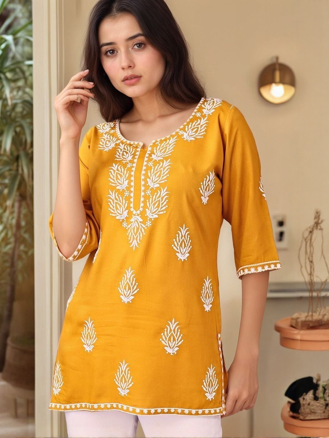 Tzelynn Women Viscose Rayon Thread Work Kurti