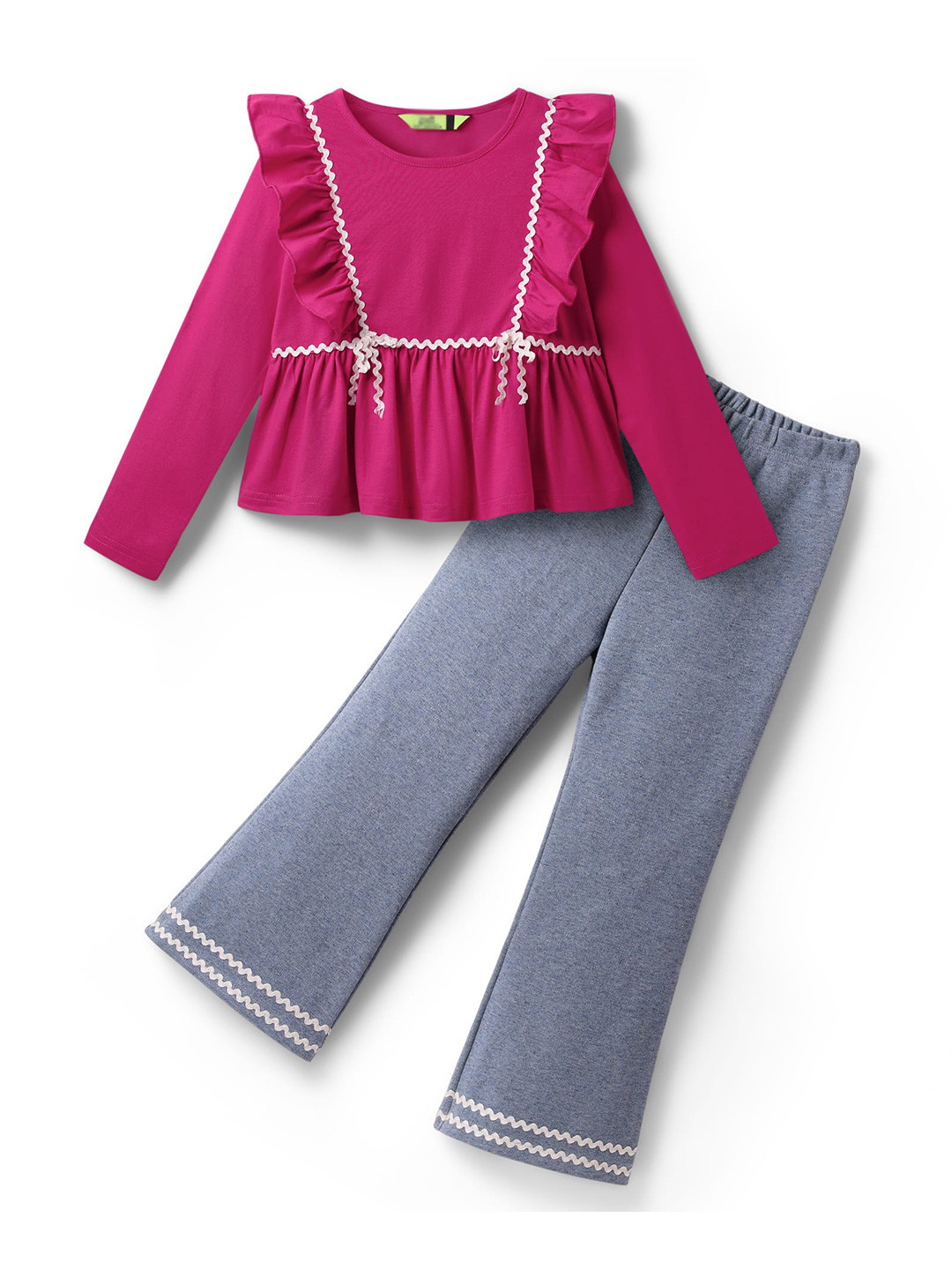 YK Pure Cotton Jersey Ruffle Top With Zig Zag Lace & Denim Bell Bottom