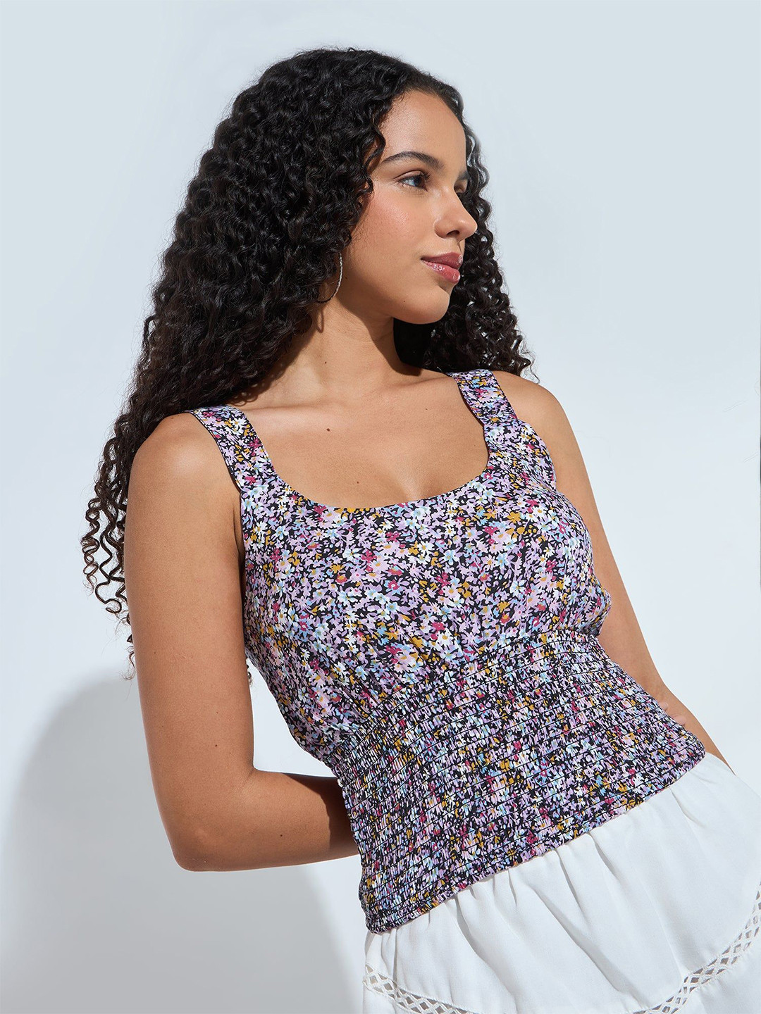 Outzidr Women Floral Printed Smocked Blouson Crop Top