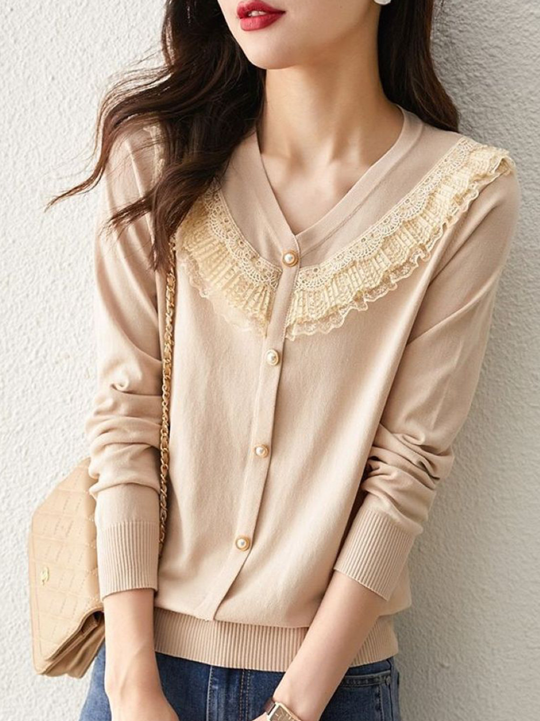 StyleCast Women V-Neck Cotton Pullover Sweaters With Lace-Inserts