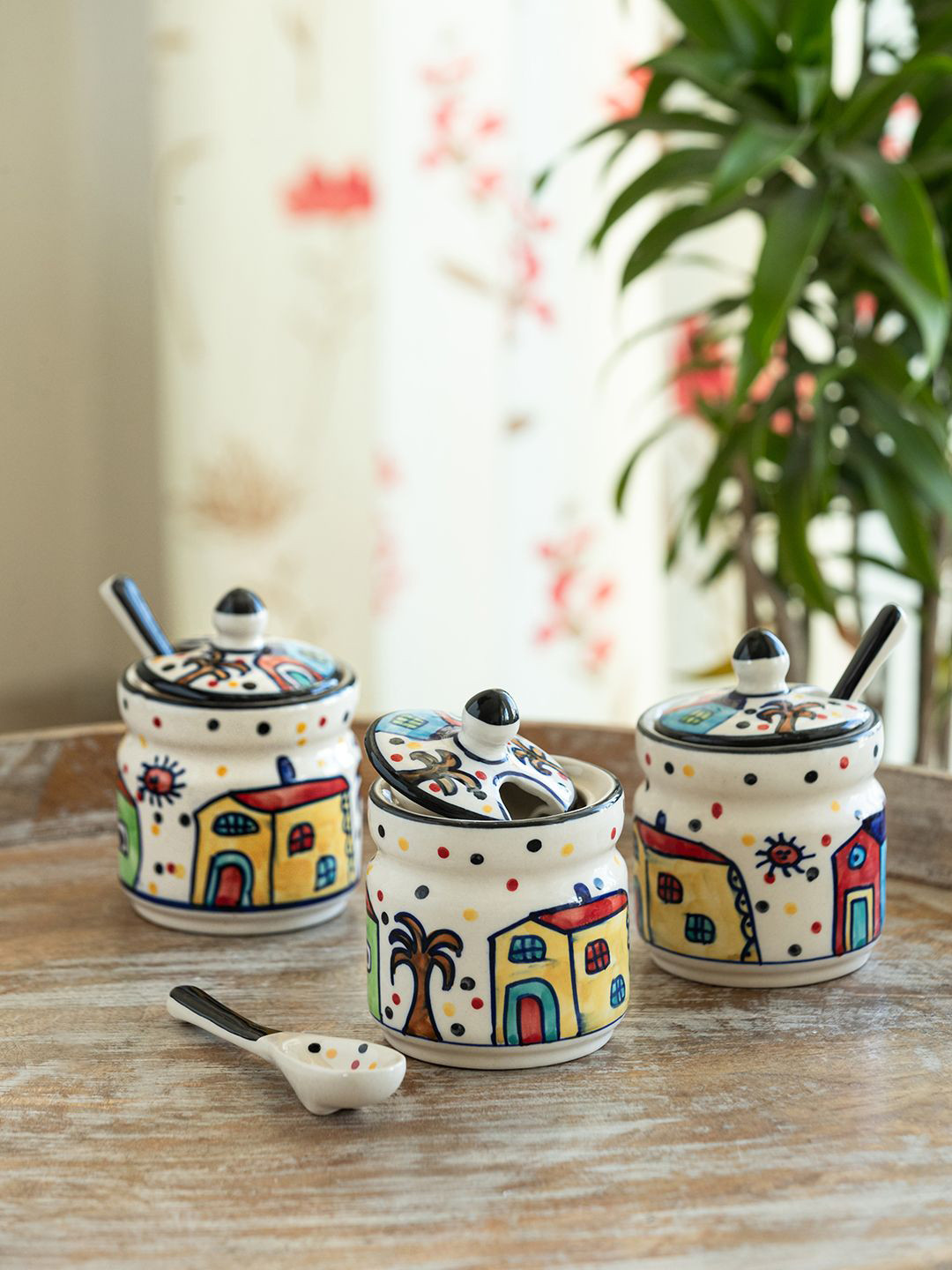 ExclusiveLane The Hut White & Green 3 Pieces Ceramic Pickle & Chutney Jar Set With Spoons