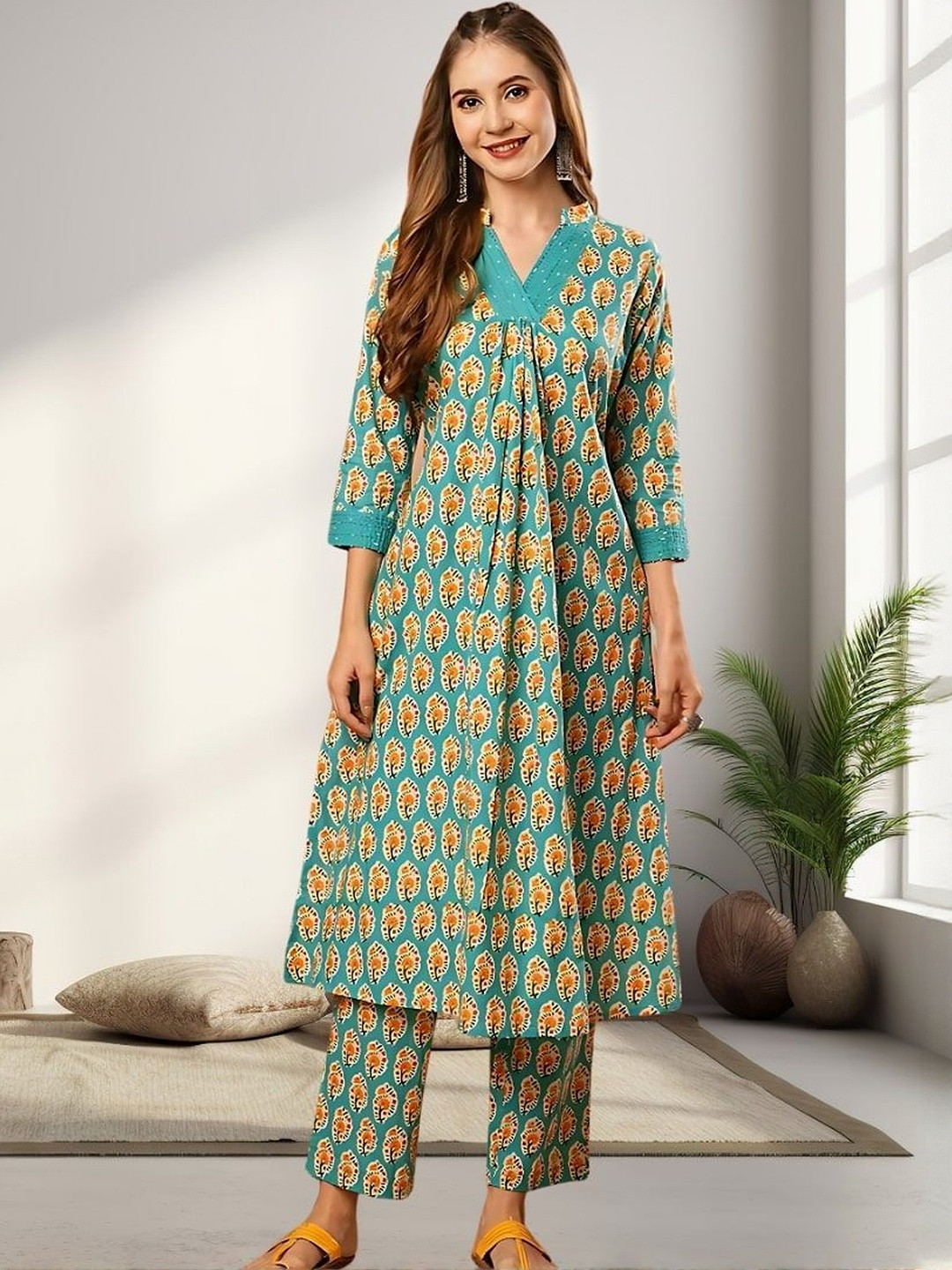 Art Of Colours Floral Printed V-Neck Pure Cotton A-Line Kurta With Trousers