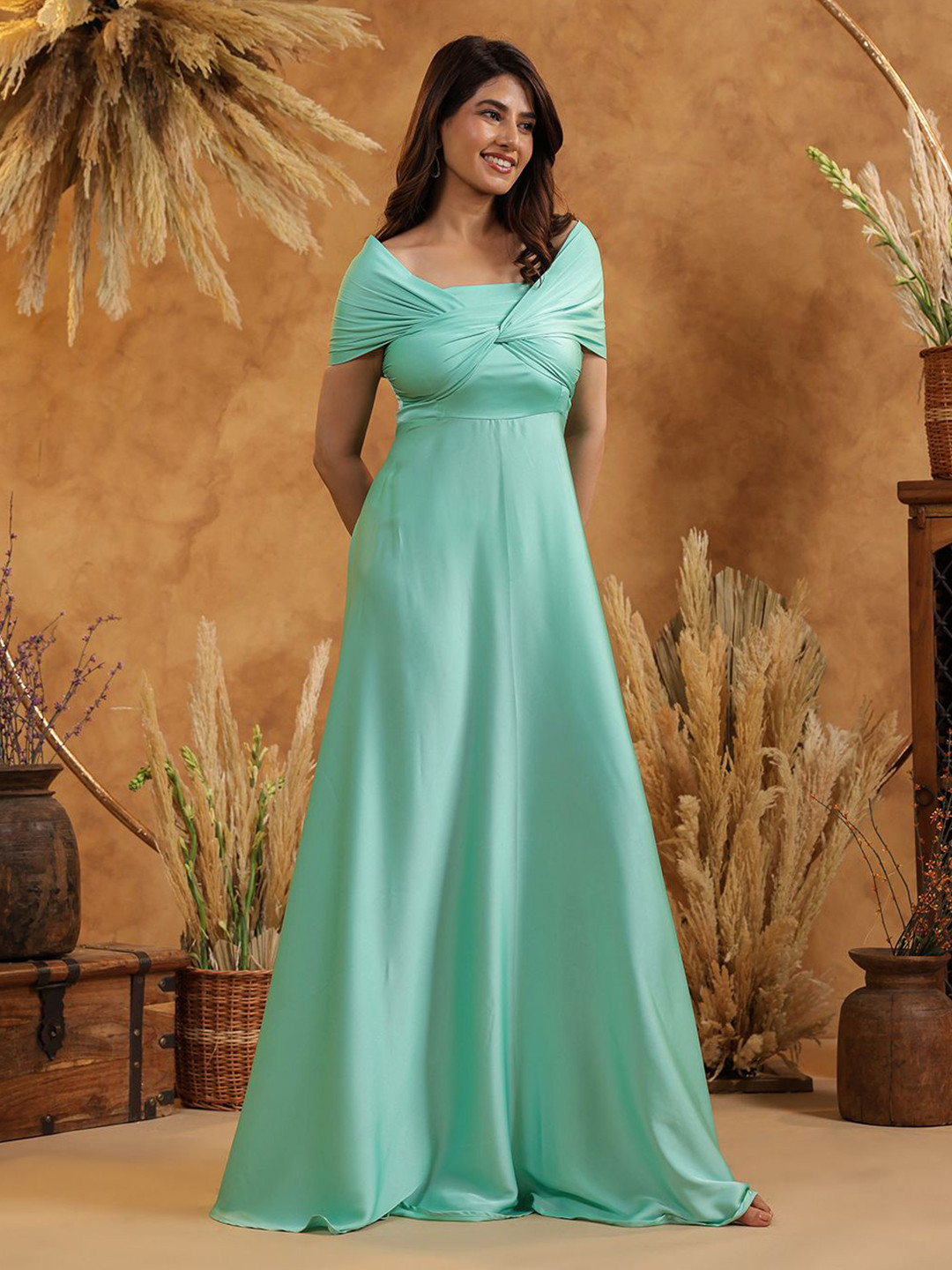 B'Infinite Women Twist Front Off-Shoulder Satin Gown Maxi Dress